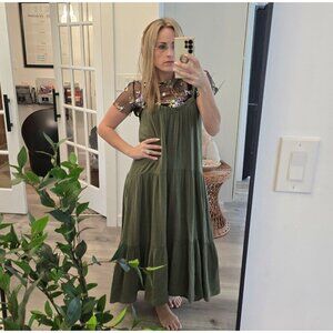 Xirena Sage Green Cotton Tiered Maxi Dress With Spaghetti Straps Womens M